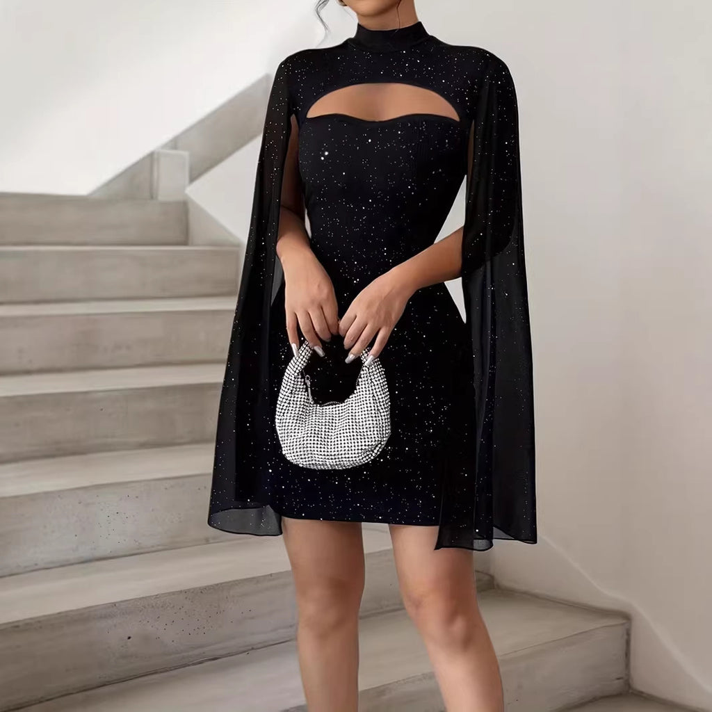 Women Clothing round Neck Sunken Stripe Pearl Chiffon Cape Sheath Dress for Women