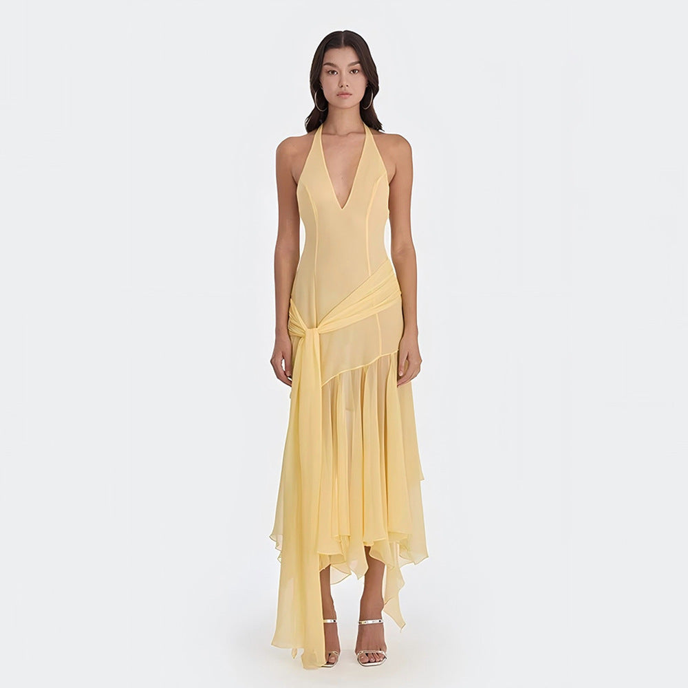 Robe d'été dos nu en mousseline transparente, décolleté plongeant en V, robe à ruban sexy