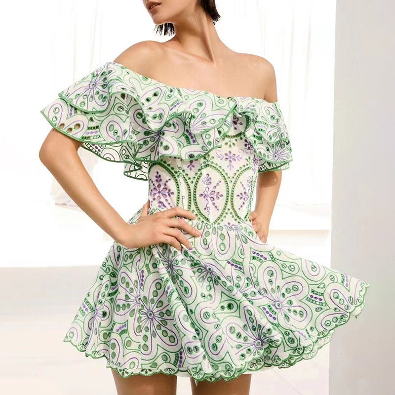 Summer Off Shoulder Lotus Leaf Embroidered Waist Slimming Vacation Dress Slim Fit Slimming Dress