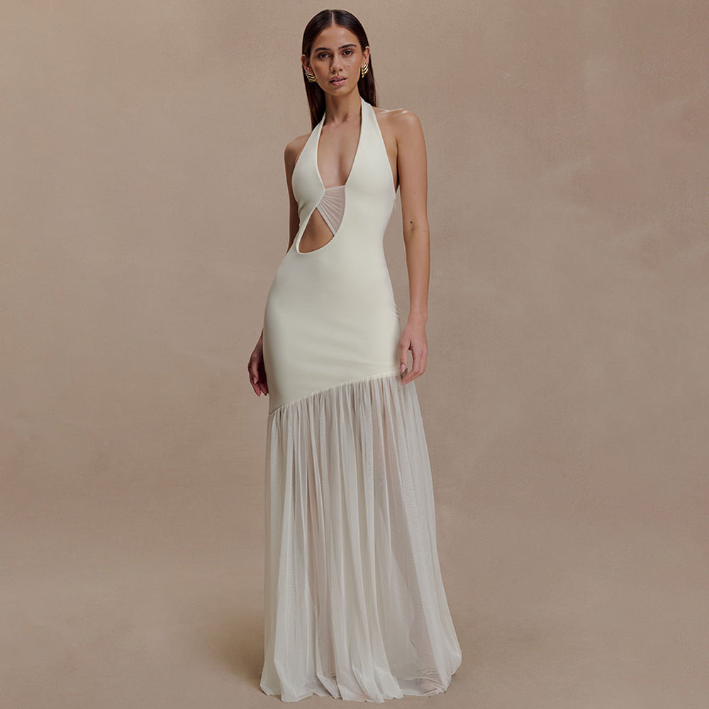 Vestido elegante para mujer, estilo halter, sexy, con escote plisado y espalda descubierta.