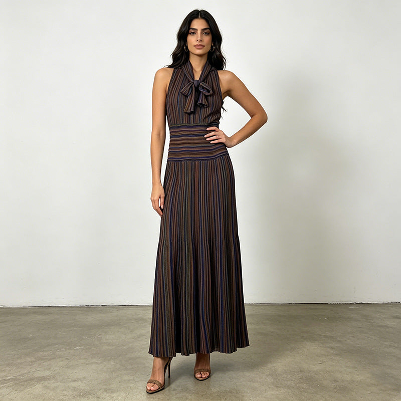 Artistic Retro Contrast Color Striped Dress Sleeveless Halter Collar Fitted High Waist Slimming Dress