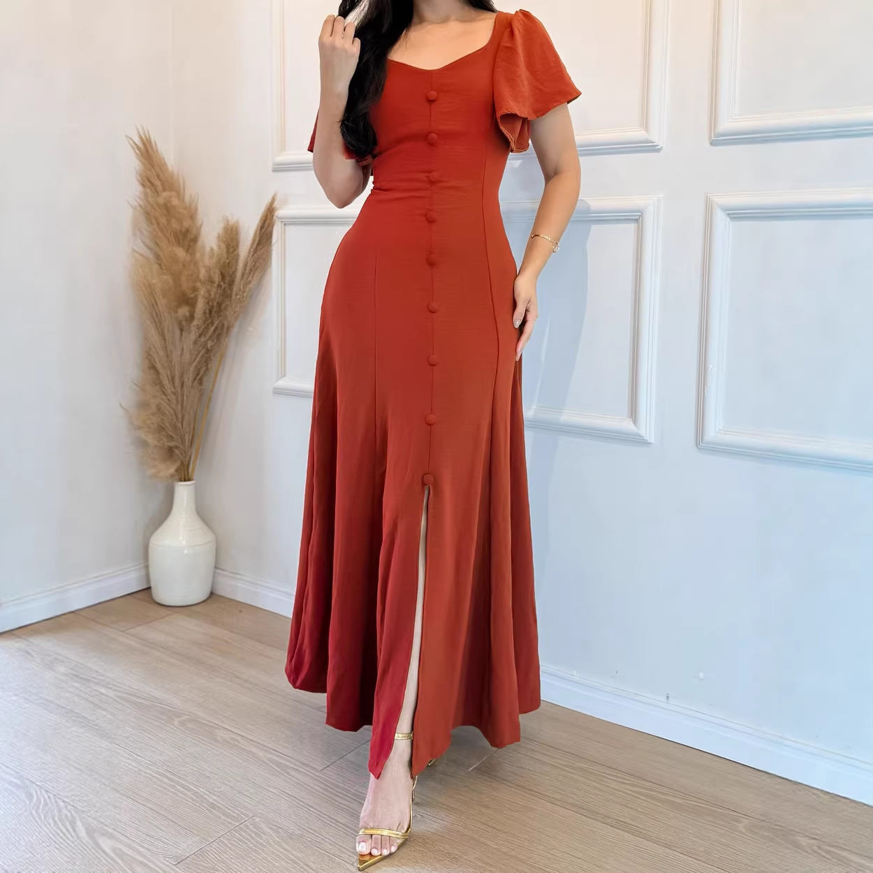 Women Ruffle Sleeve Waist Trimming Casual Elegant Button Split Dress