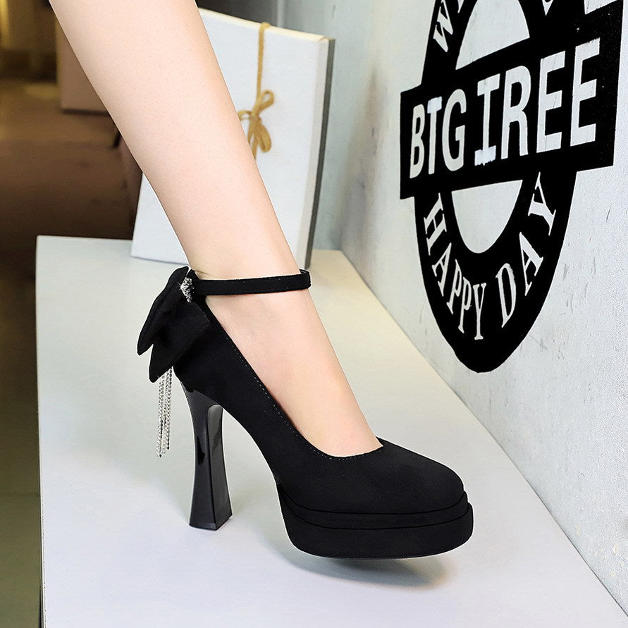 French Wind Black Cocktail round Head Super High Heel Platform Women Shoes Back Bow Rhinestone Shoes