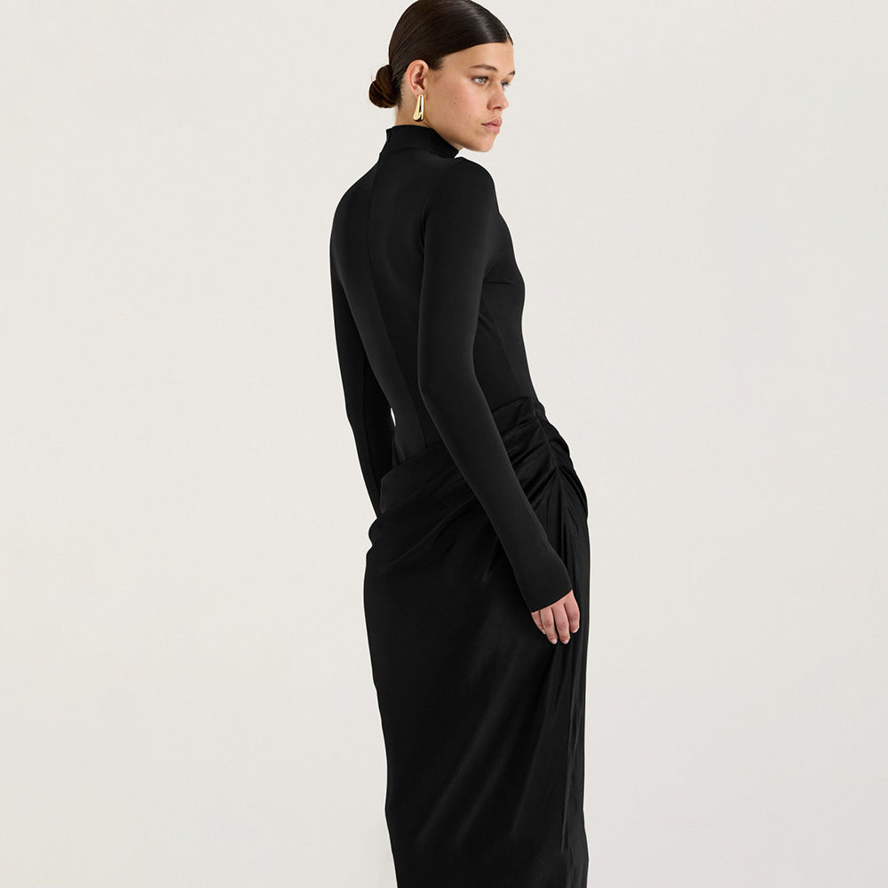 Robe d'été à col montant et manches longues, coupe moulante, effet deux-pièces, couleur unie