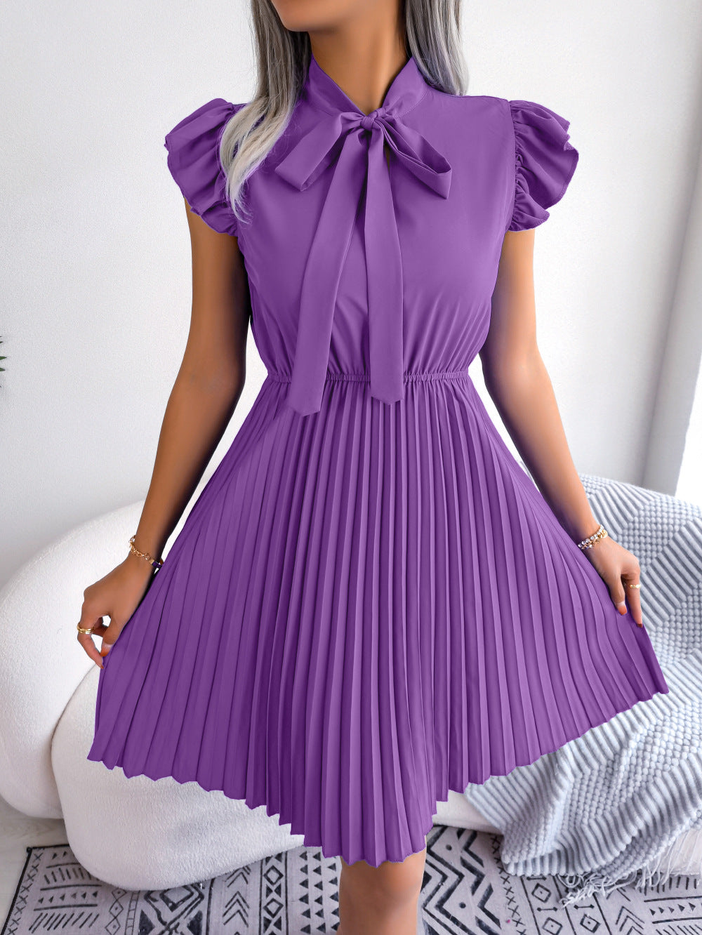 Vestido plisado elegante con cintura atada y dobladillo grande para mujer, primavera y verano