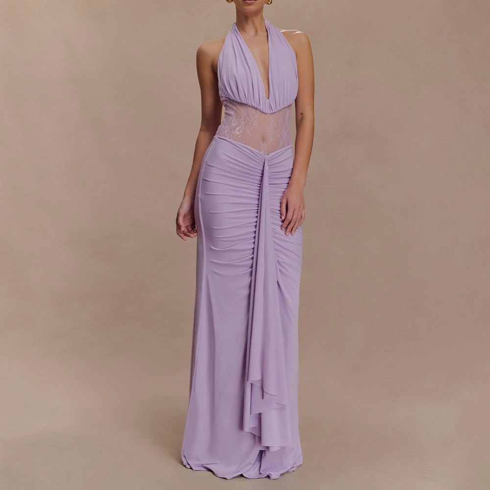 Elegante vestido largo adelgazante con escote en V profundo y escote halter, sexy, con aberturas y espalda descubierta con cinta.