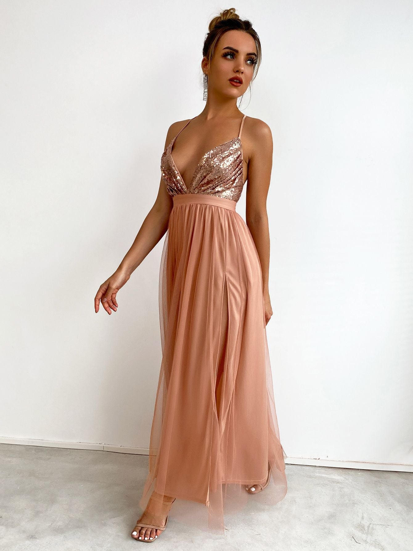Contrast Sequined Mesh Camouflage Dress