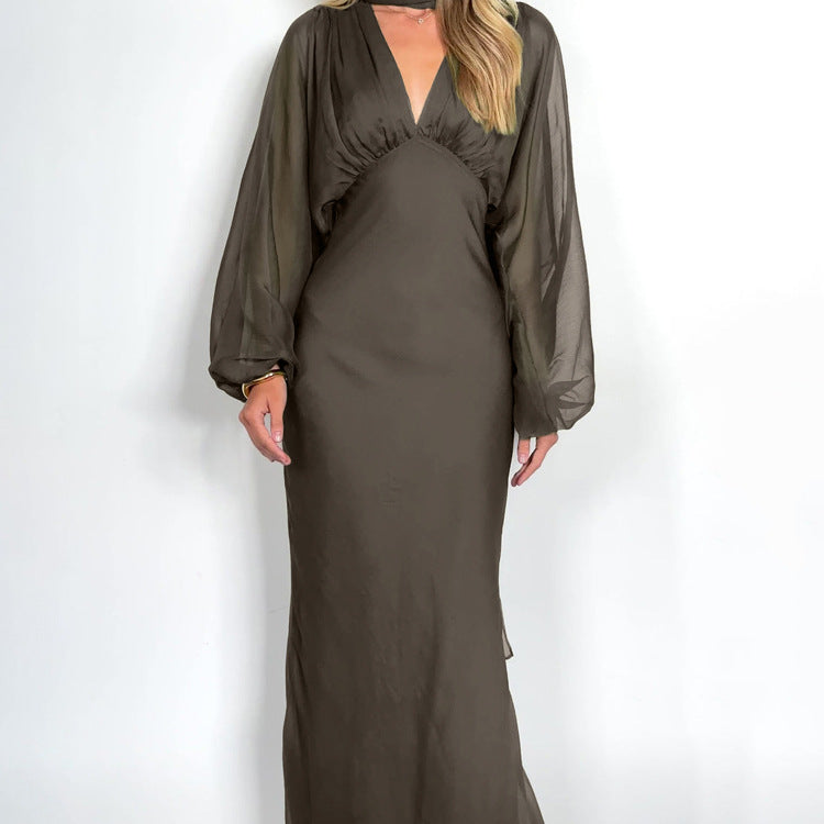 Vestido plisado elegante para mujer, diseño otoñal, con cuello en V y manga larga, estilo maxi estrecho.