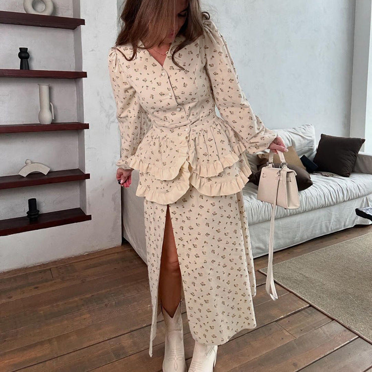 French Design Ruffled Waist Seal Printed V neck Puff Sleeve Elegant Split Dress Women Clothing