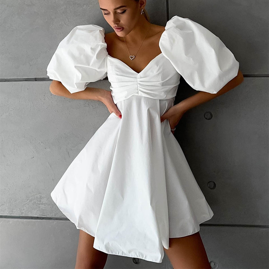 Off Neck Short Dress for Women Summer Puff Sleeve High Waist A line Dress French Princess Dress for Women