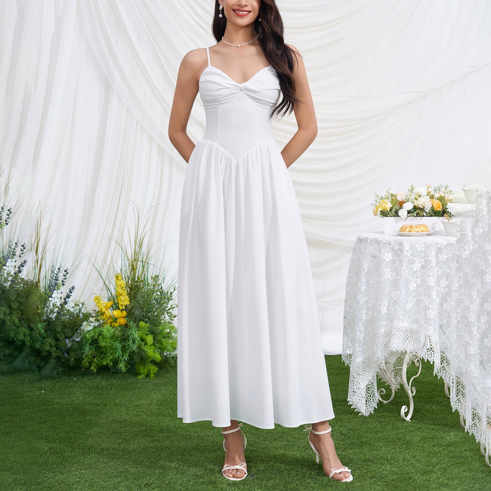 Women Sexy V neck Backless Waist Trimming Slimming Smocking Dress