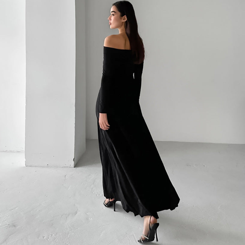Vestido de otoño de punto cepillado francés, ajustado, con cuello descubierta y cintura alta
