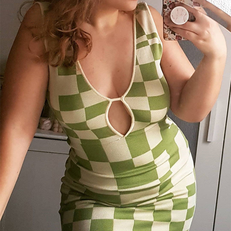 Vestido de punto a cuadros sin mangas Maillard de verano para mujer, con escote en V pronunciado, sexy, calado, sin mangas