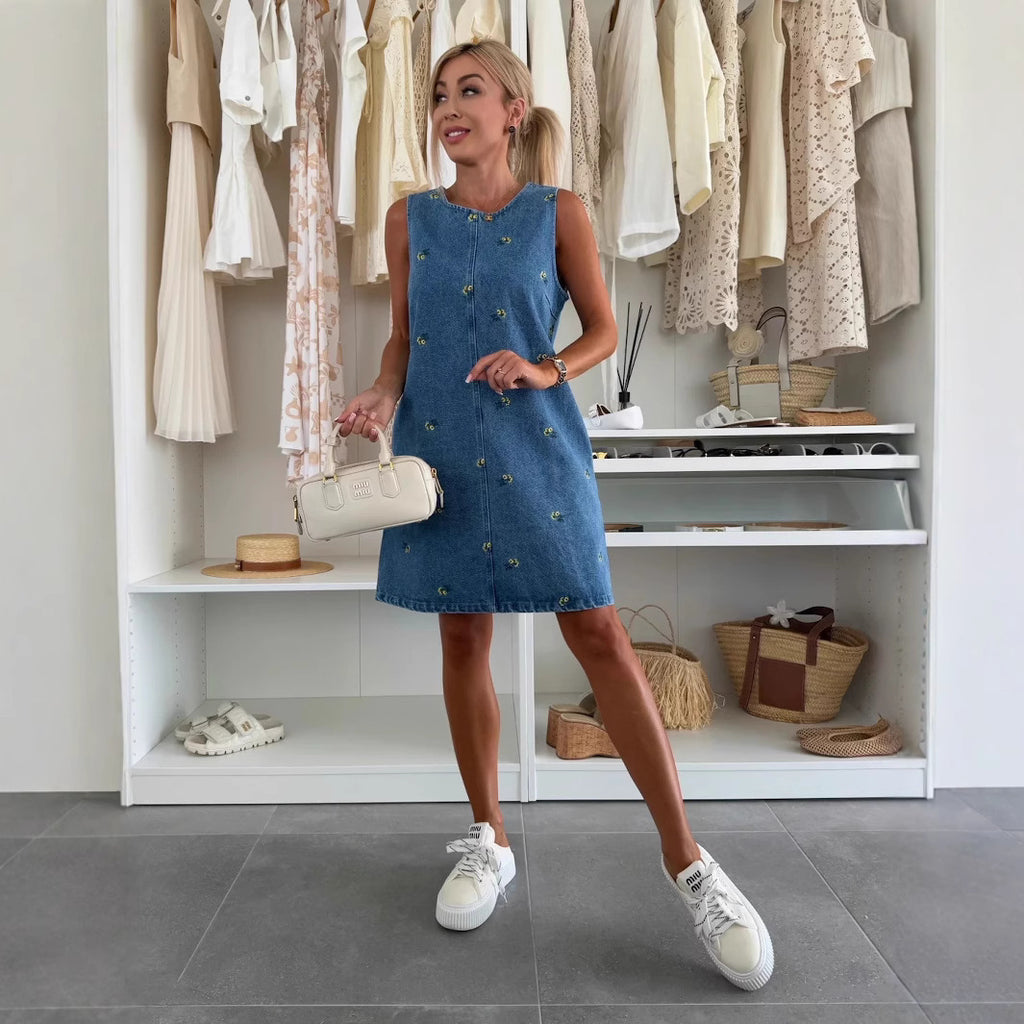 Robe sans manches décontractée en jean à fleurs