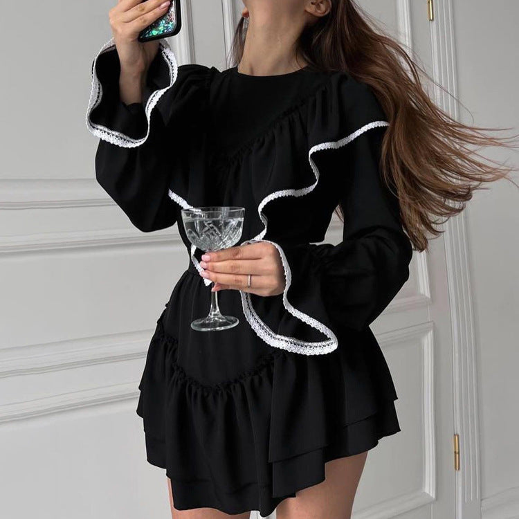 Autumn Bell Sleeve Ruffled Dress for Women Dignified Sense of Design Black Dress