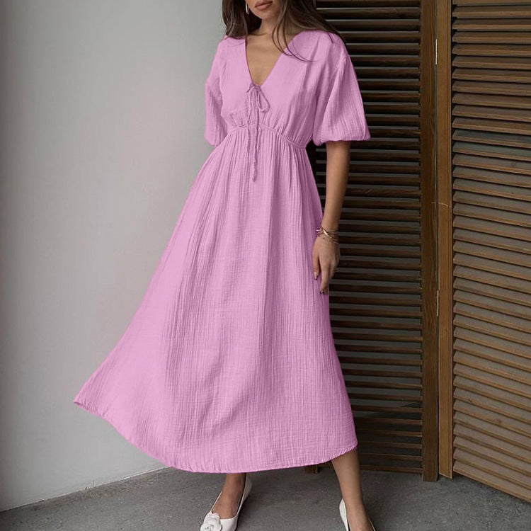 Robe longue trapèze en champray double épaisseur de coton pour femme, taille haute, col V, manches bouffantes, lacets.