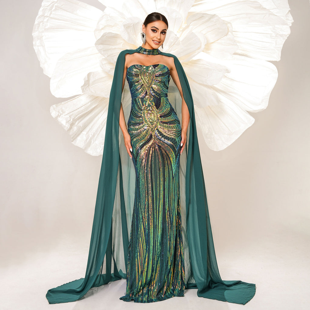 Long Sleeve round Neck Long Sequined Cocktail Cape Fishtail Evening Dress Bridesmaid Dress Dress Women