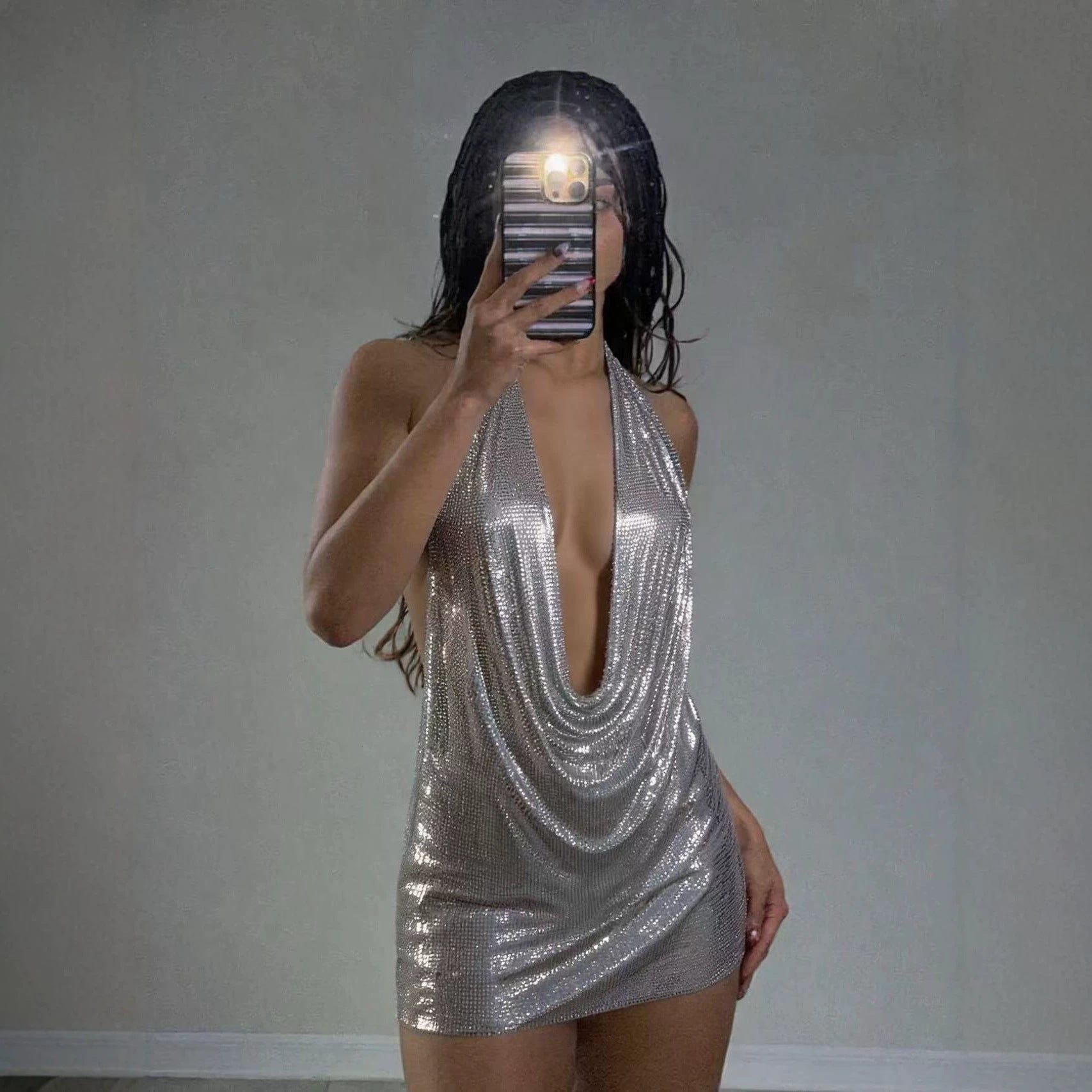 Electronic Music Festival Sexy Glossy Swing Collar Halter Backless Strap Aluminum Sheet Dress