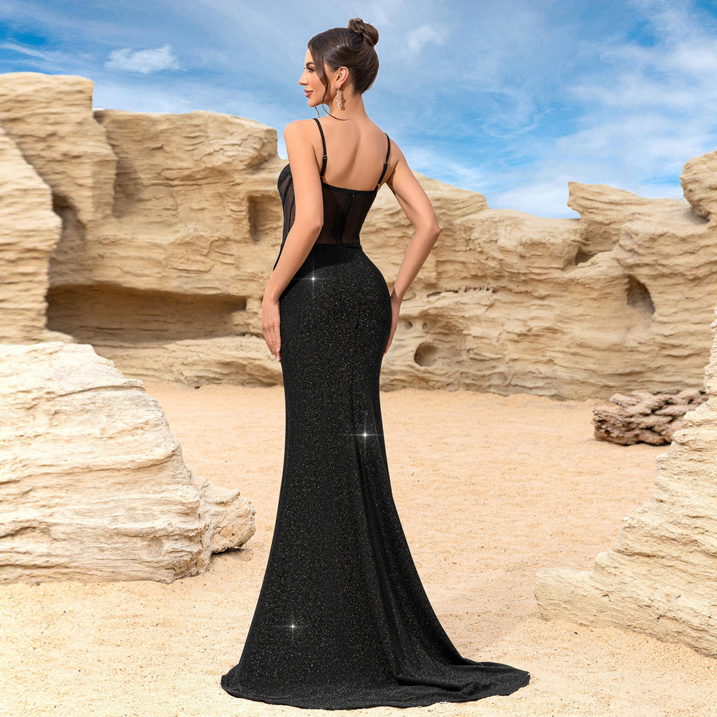 Robe de soirée maxi élégante en mousseline de soie, col V dos nu, coupe ajustée, robe de cocktail