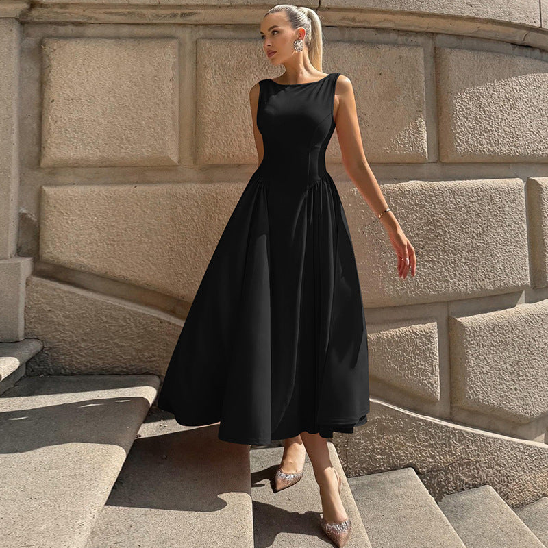 Robe d'automne élégante et tendance, unie, col rond, sans manches, plissée, grande taille, col évasé, col rond, sans manches.
