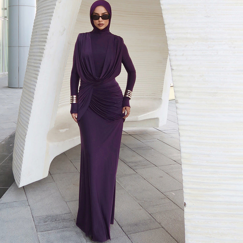 Autumn Winter Slim Half Turtleneck Solid Color Irregular Asymmetric Elegant Dress Women Clothing