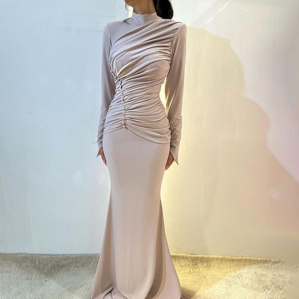 Vestido elegante de manga larga con fruncido y cintura alta para mujer, otoño e invierno