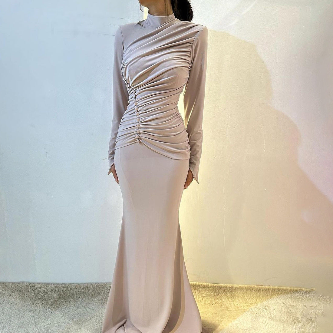 Vestido elegante de manga larga con fruncido y cintura alta para mujer, otoño e invierno