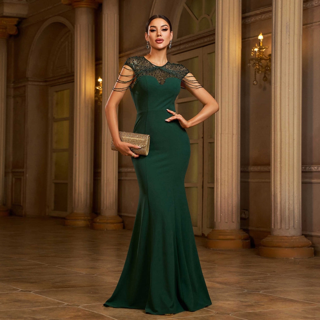 Vestido de noche de cóctel con cola de pez y escote redondo sin mangas avanzado para mujer