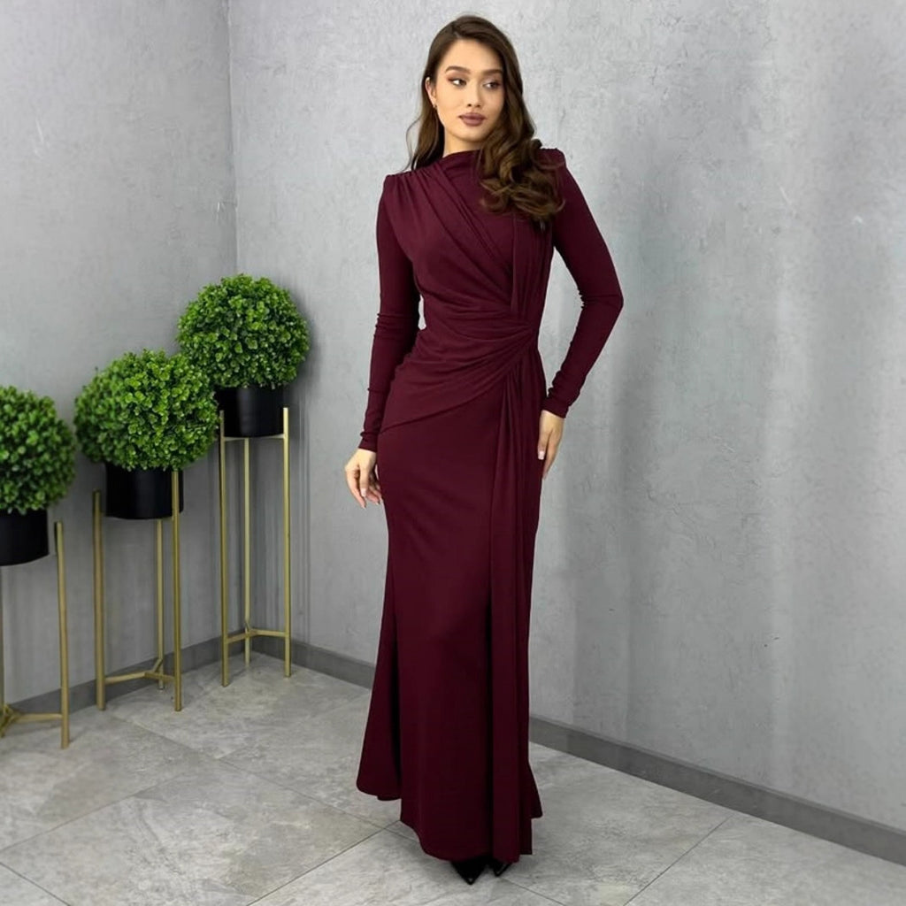 Autumn Women Long Sleeve Fitted Waist Pleated Slim Maxi Dress