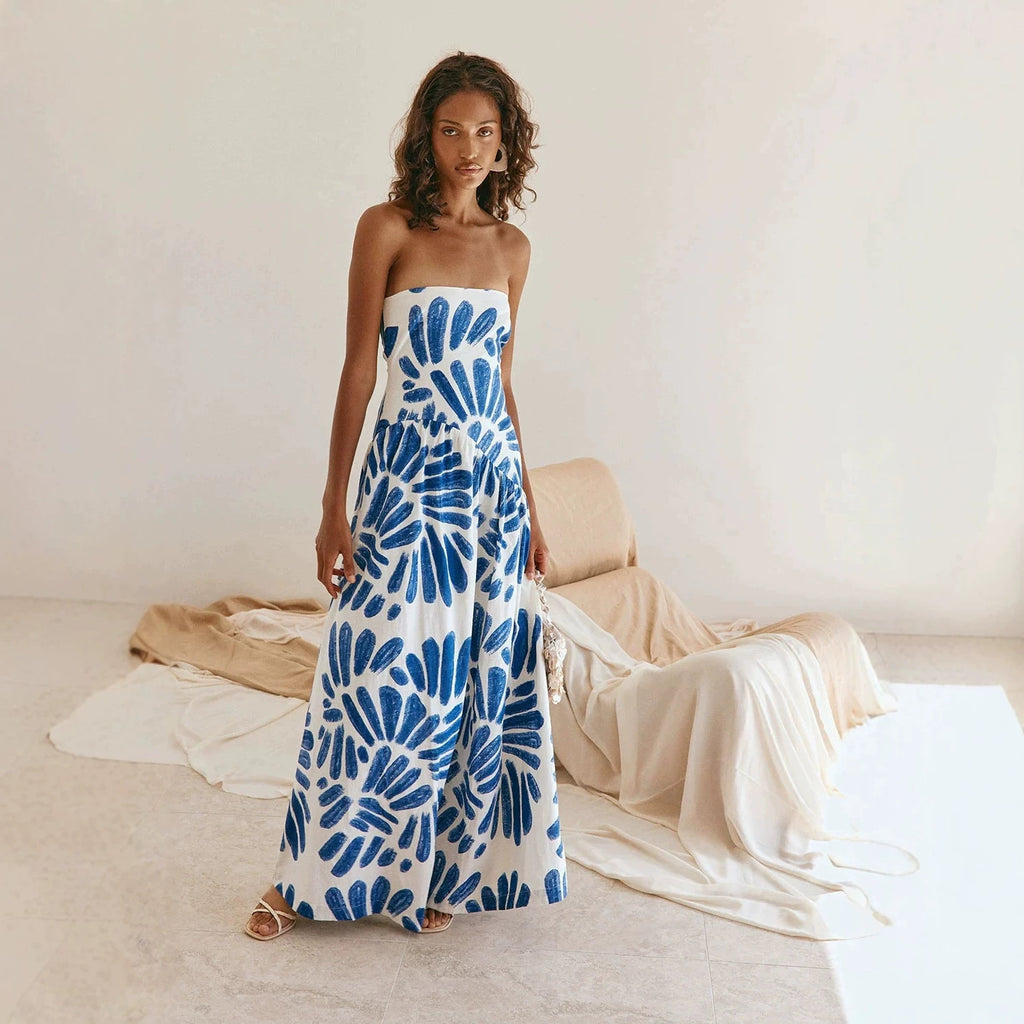 Robe longue femme imprimée, style bohème, enveloppante, bustier, coupe ajustée et sexy