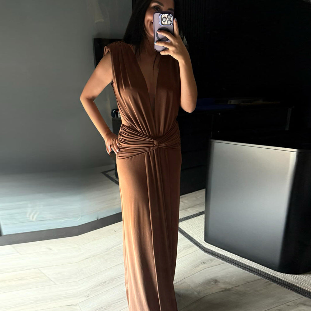 Robe sexy marron à plis torsadés sans manches et décolleté plongeant en V pour femme