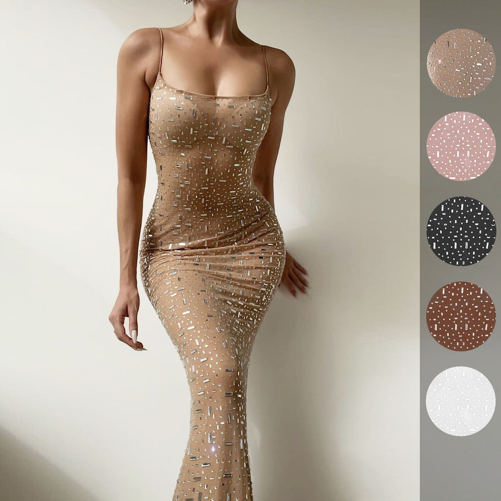 Robe sirène sexy à bretelles ornée de diamants, idéale pour les femmes.
