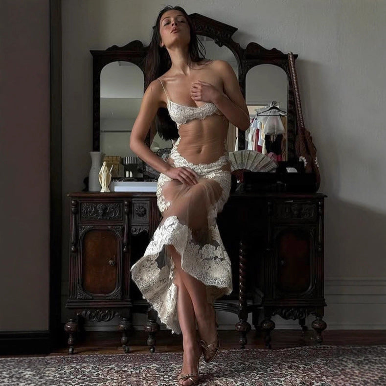 Vestido de verano para mujer, de malla, con encaje y tirantes finos, transparente, sexy, para vacaciones