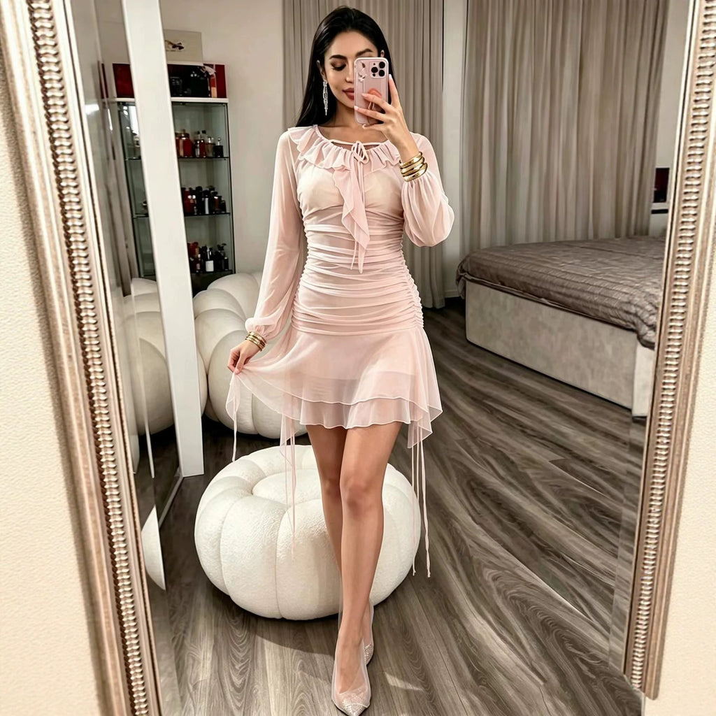 Woman Hip Women Autumn Winter Square Collar Bell Sleeve Small Mesh Seethrough