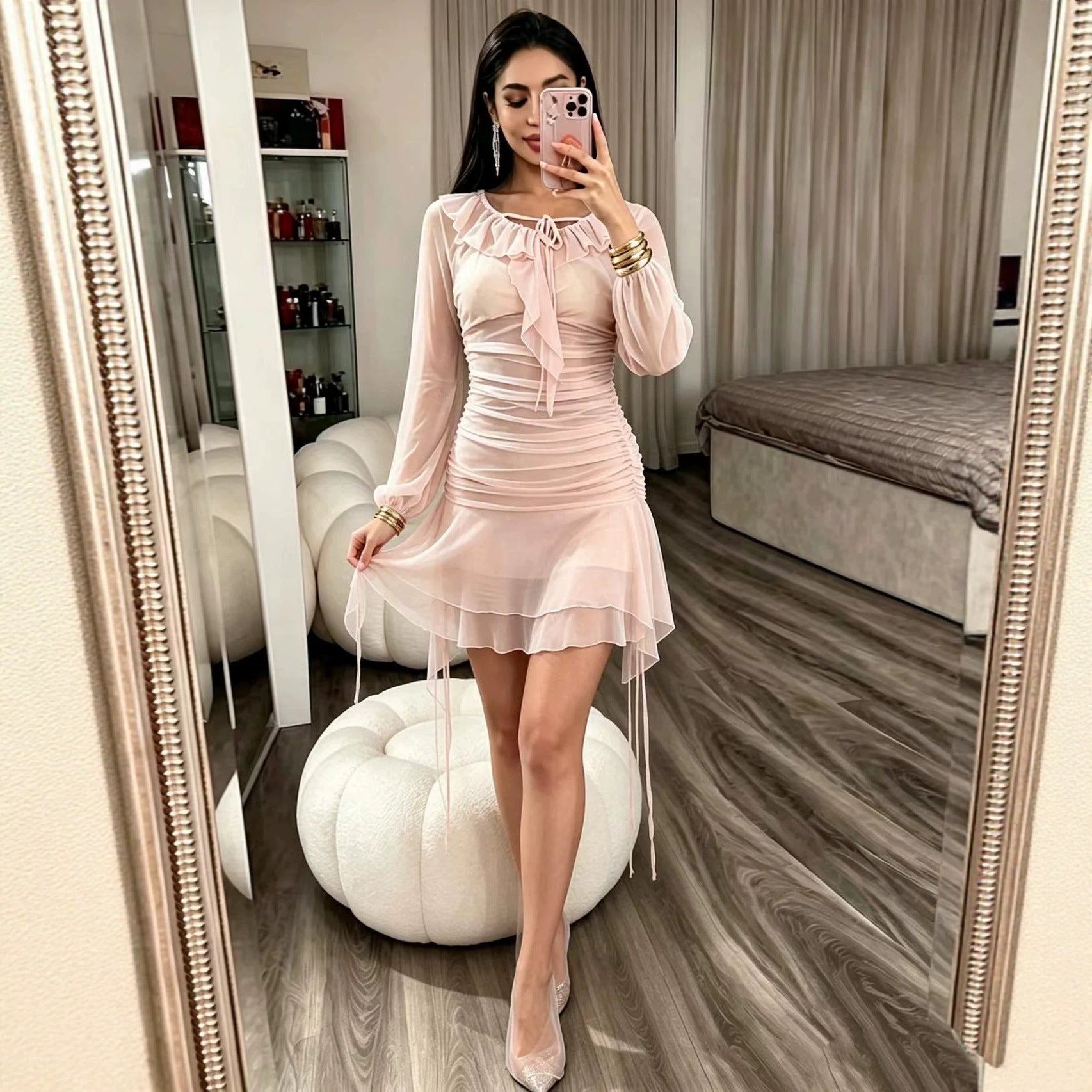 Woman Hip Women Autumn Winter Square Collar Bell Sleeve Small Mesh Seethrough