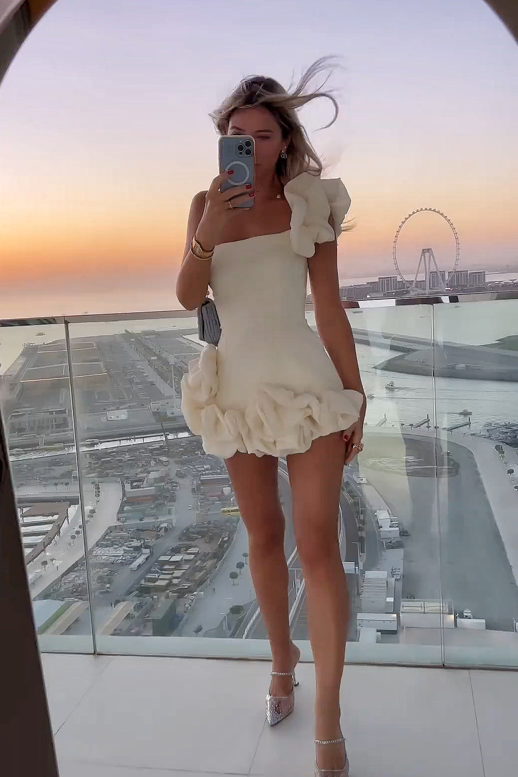 Vestido de verano para mujer, con volantes, cintura fruncida, un hombro, top tubo, vestido a la cadera