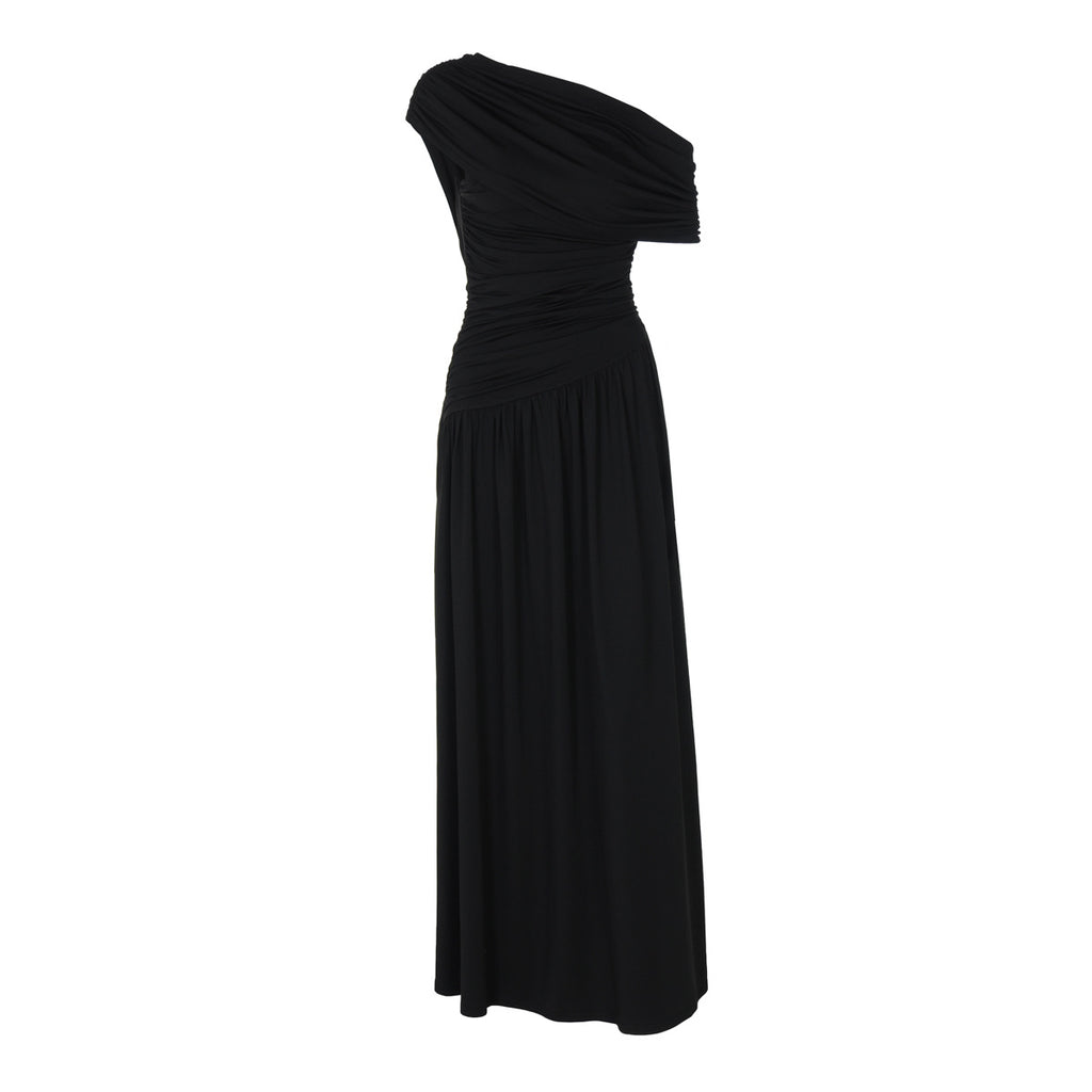Robe Femme Printemps Nouveauté Mode Sexy Col Diagonal Plissée Asymétrique Couleur Unie