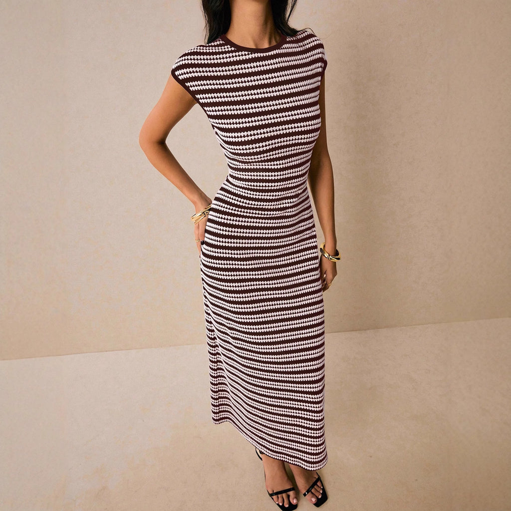 Casual Multicolor Striped Waist round Neck Short Sleeve Long Pattern Women Dress