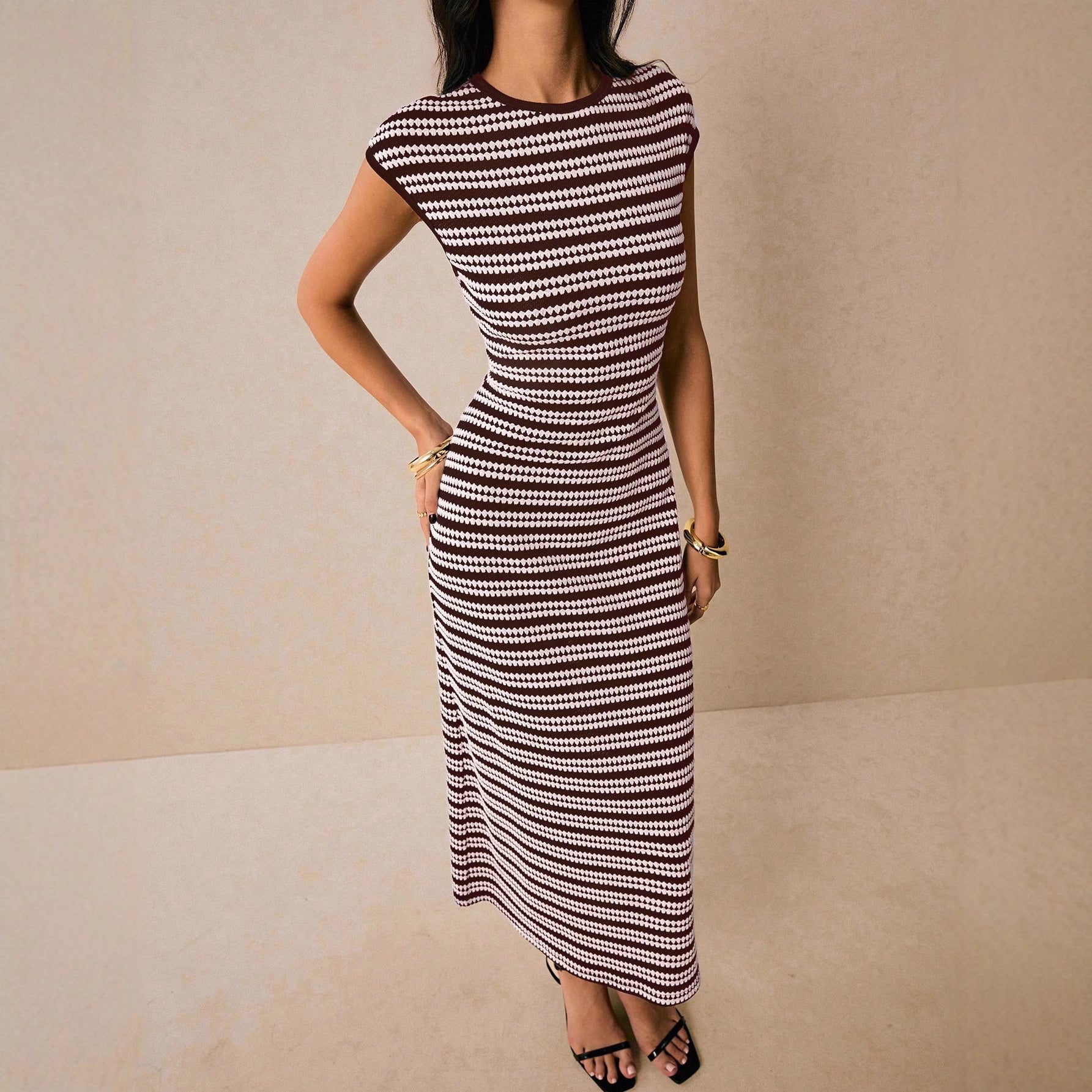 Casual Multicolor Striped Waist round Neck Short Sleeve Long Pattern Women Dress