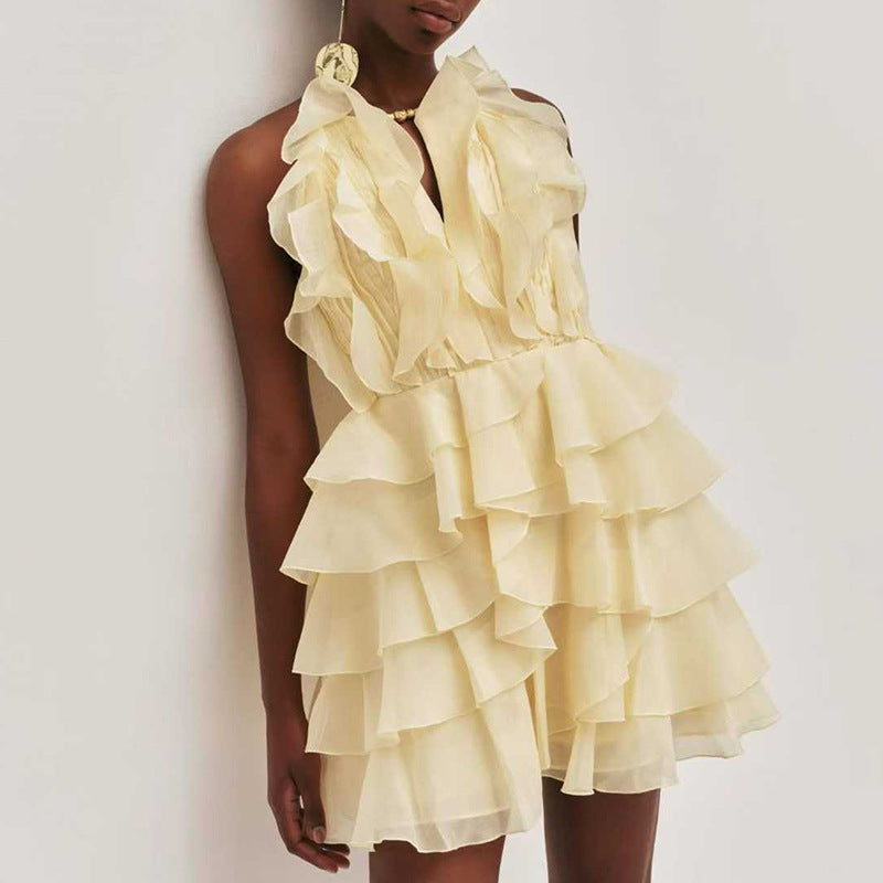 Fashionable Casual Elegant Short Dress Elegant Halter Sleeveless Three Dimensional Wooden Ear Solid Color Dress Women