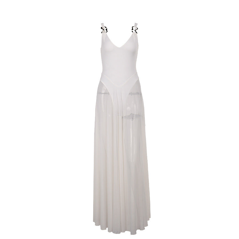 Vestido maxi sexy de otoño, de vacaciones, corte ajustado, de malla, línea A