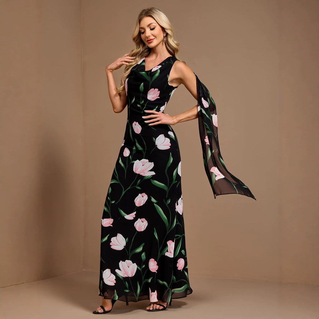Vestido veraniego sin mangas con estampado, espalda en V grande, cuello redondo, corte en A, acampanado, con cinta, para mujer