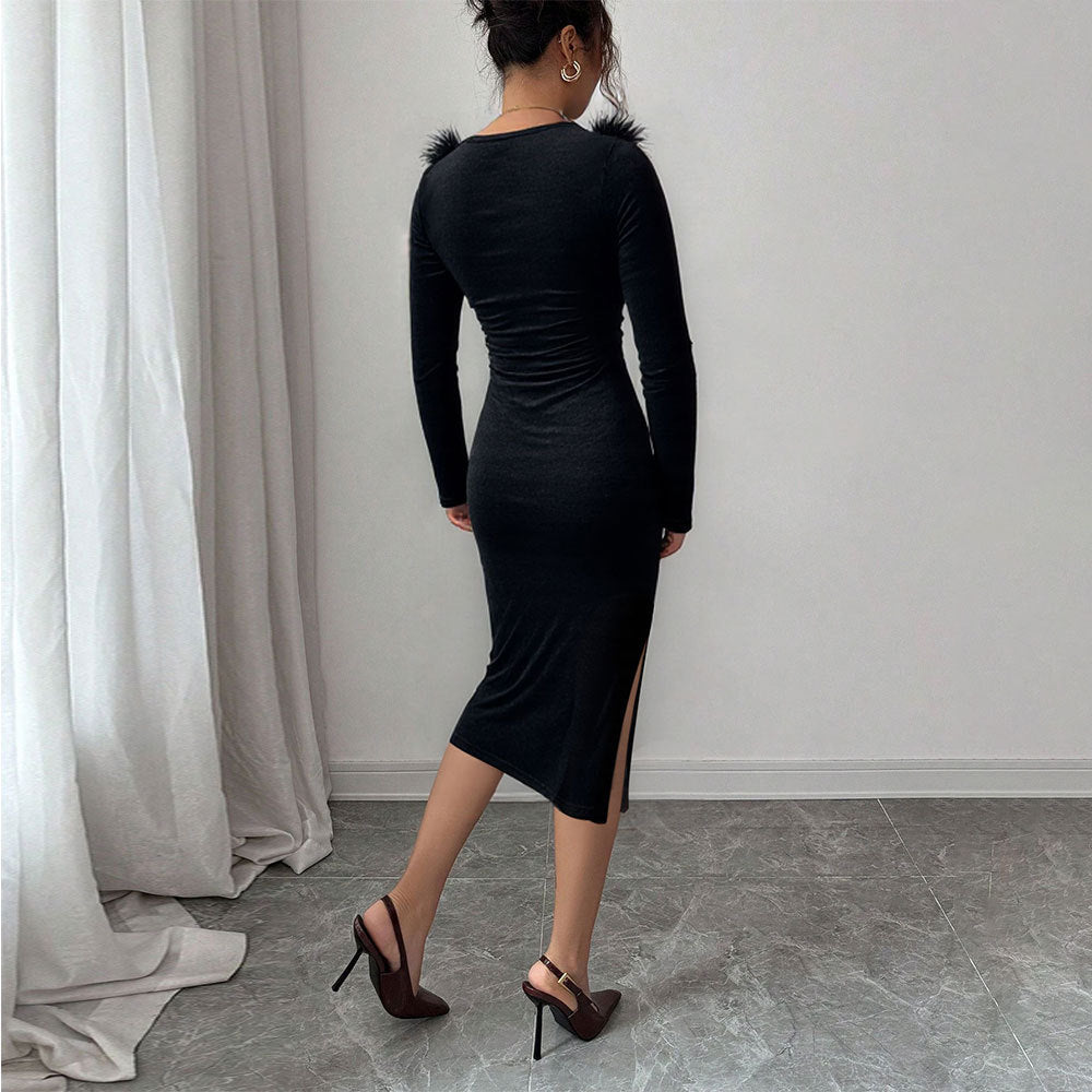 Robe longue moulante en peluche noire à encolure en peluche, fente latérale, élégante robe de soirée pour femme, automne-hiver.