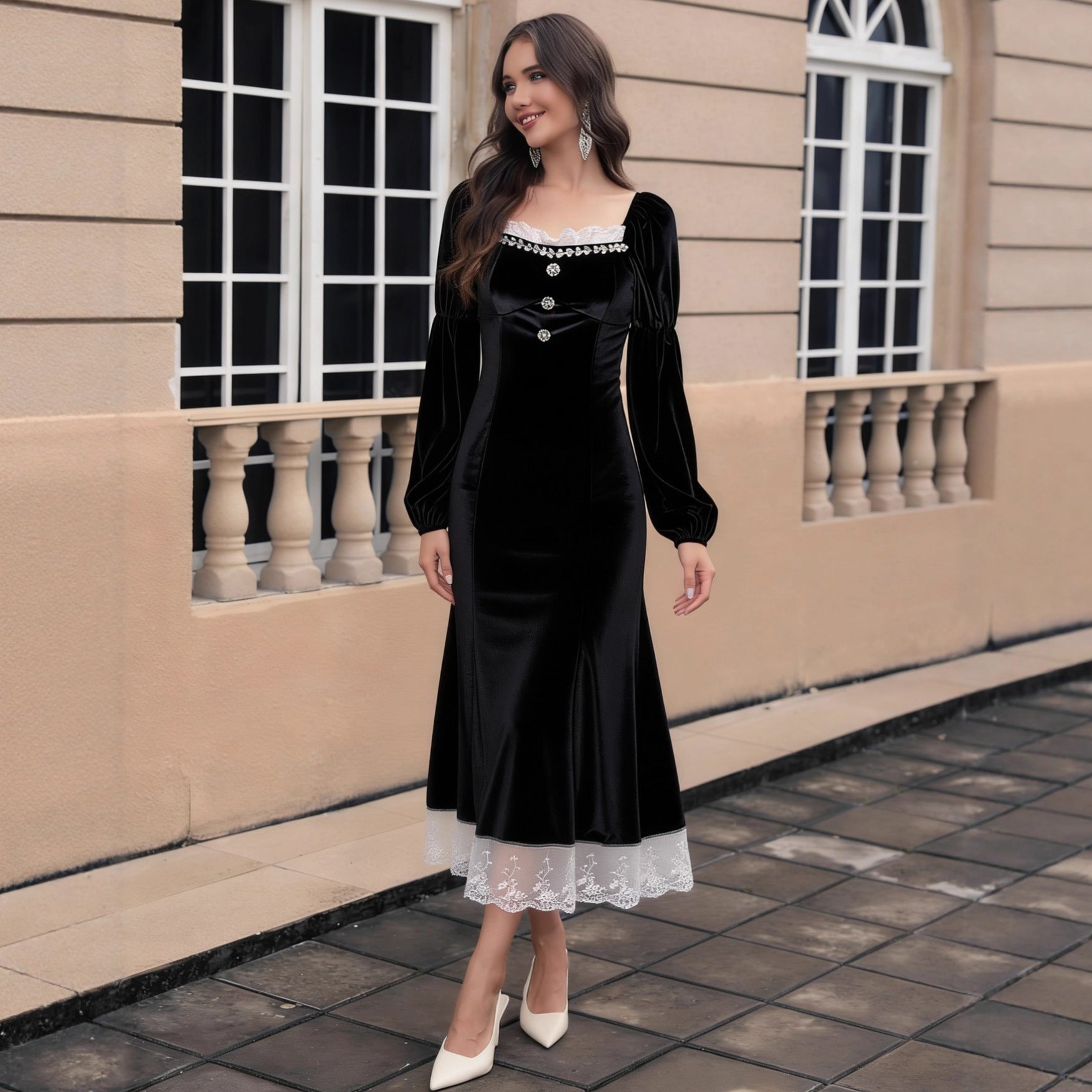 Robe longue élégante en velours noir Hepburn Wind pour femme, automne-hiver, cintrée à la taille.