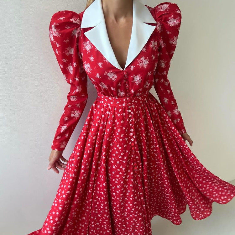 Robe trapèze imprimée à manches longues et col contrastés pour femme