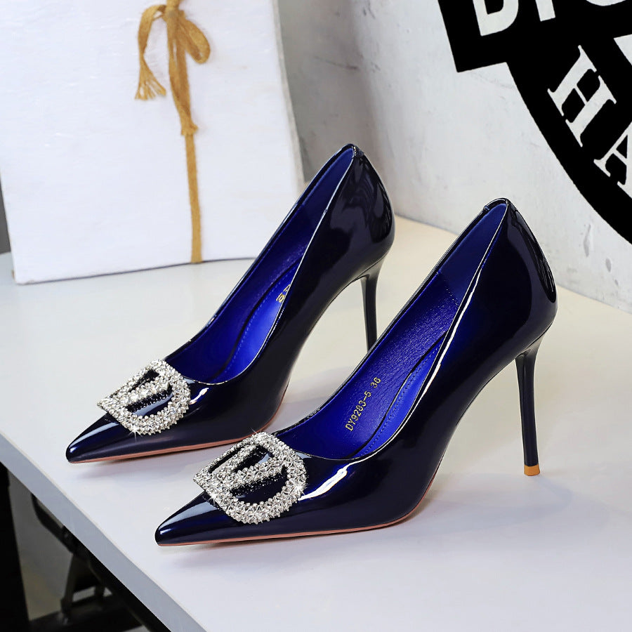 Sexy Party Super High Heel Women Shoes Dignified Rhinestone V Buckle Pointed Toe Shallow Mouth Stiletto Heel Pumps