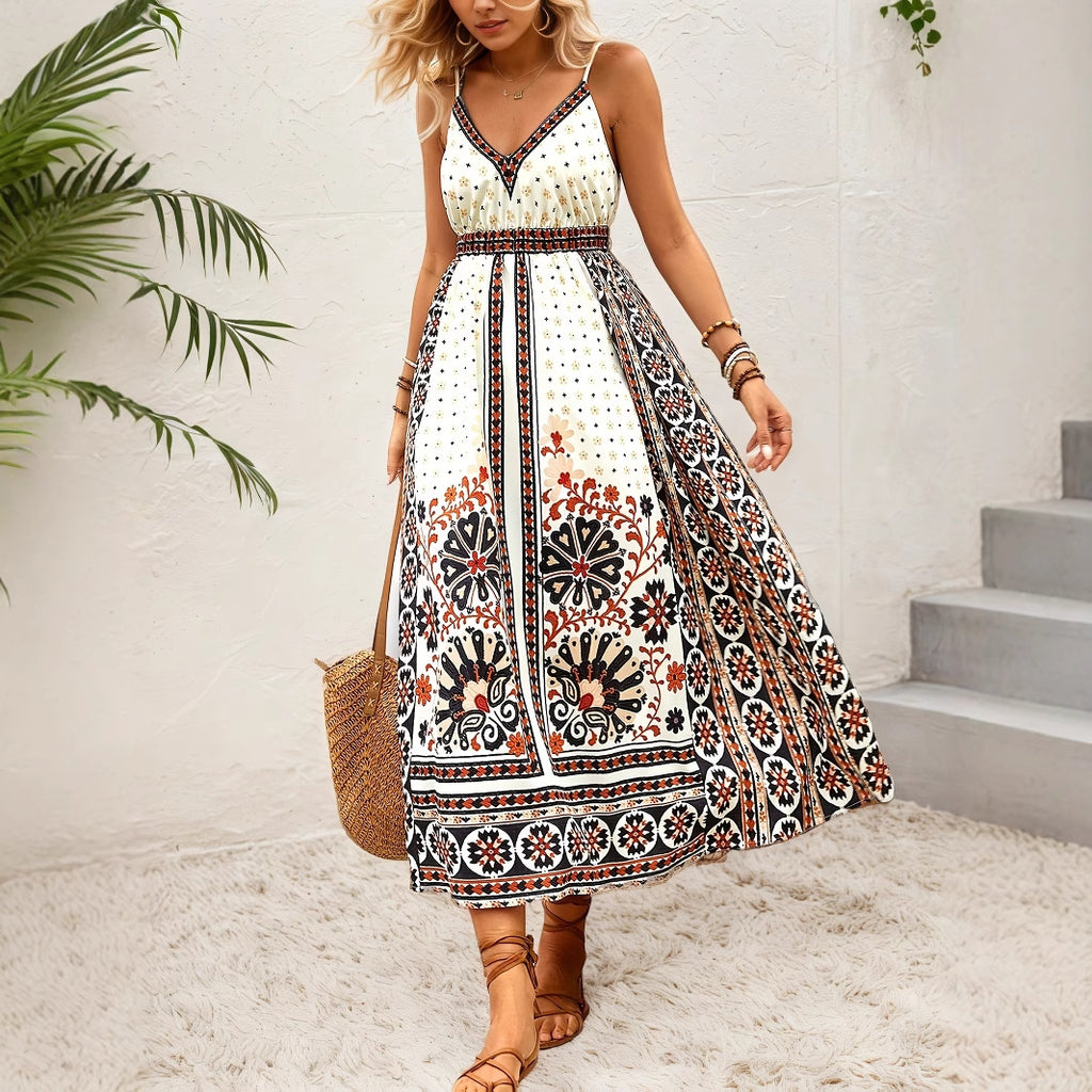 Robe débardeur dos nu bohème ethnique imprimée style vacances décontractée influenceuse web longue
