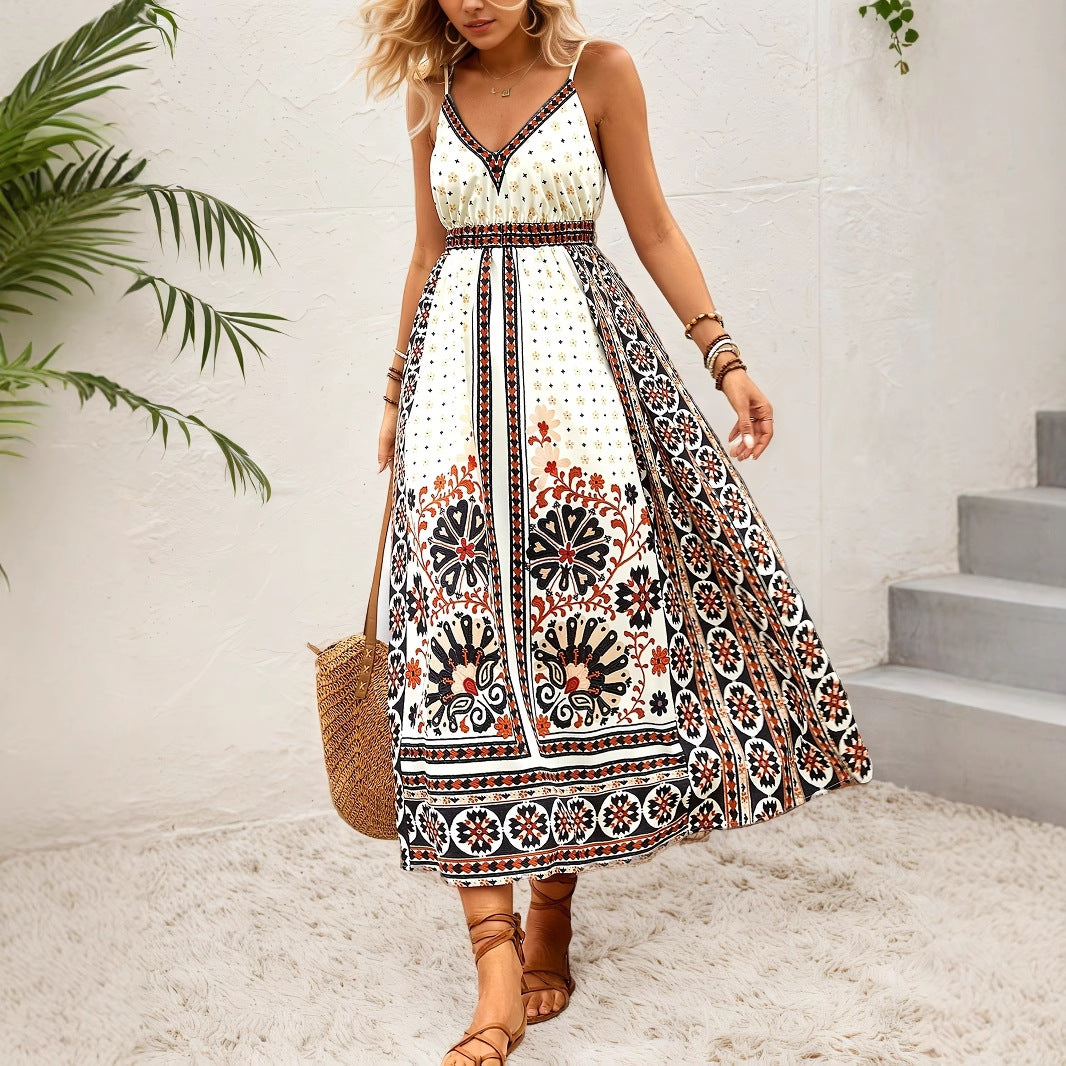 Robe débardeur dos nu bohème ethnique imprimée style vacances décontractée influenceuse web longue