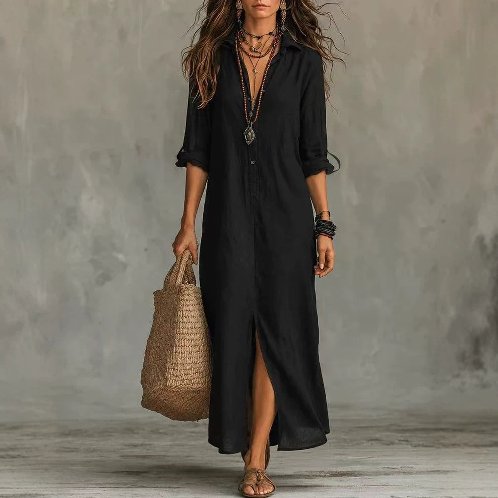 Vestido elegante para mujer con cuello camisero y abertura