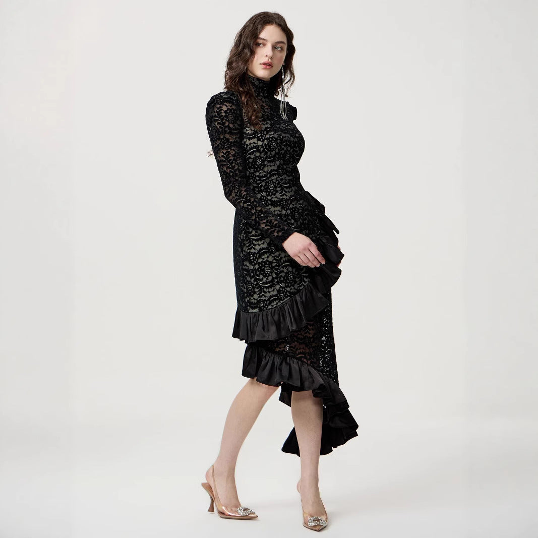 Women Wear Slim Flocking Dress Evening Dress Party Gathering Fishtail Dress